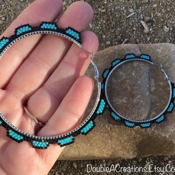 Turquoise Beaded Hoops, New, Handmade by Me - Picture 11 of 14